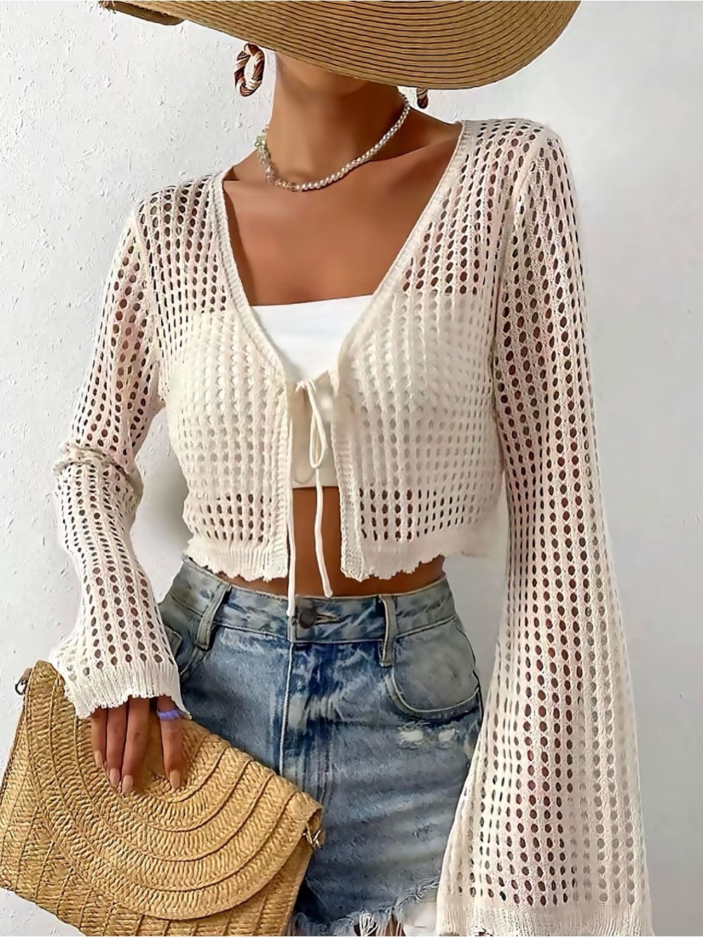 Open Knit Tie Front Cropped Cardigan Sweater